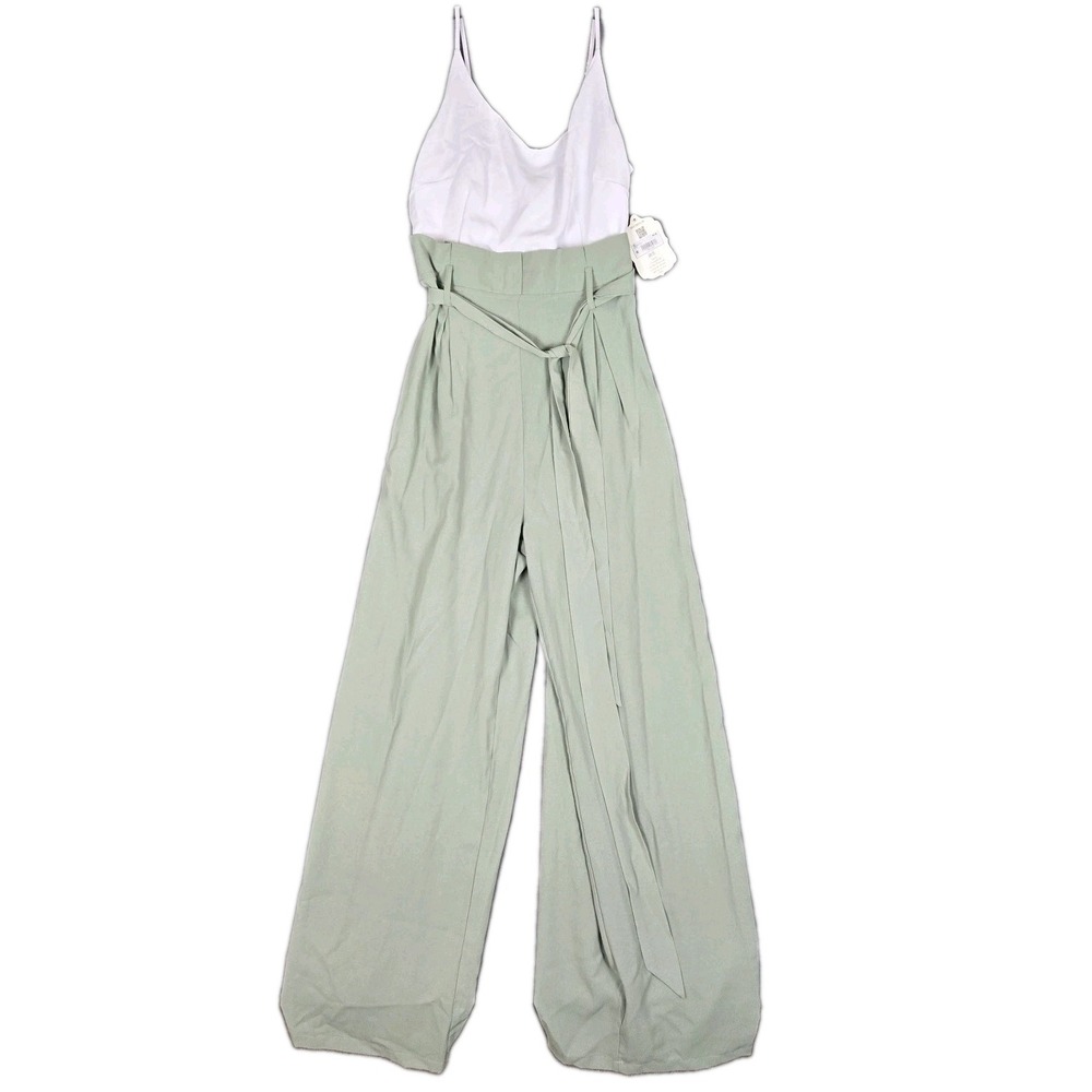 Alter'd State Jumpsuit Womens Large Tori Tie Waist Wide Leg Sage Green White NWT